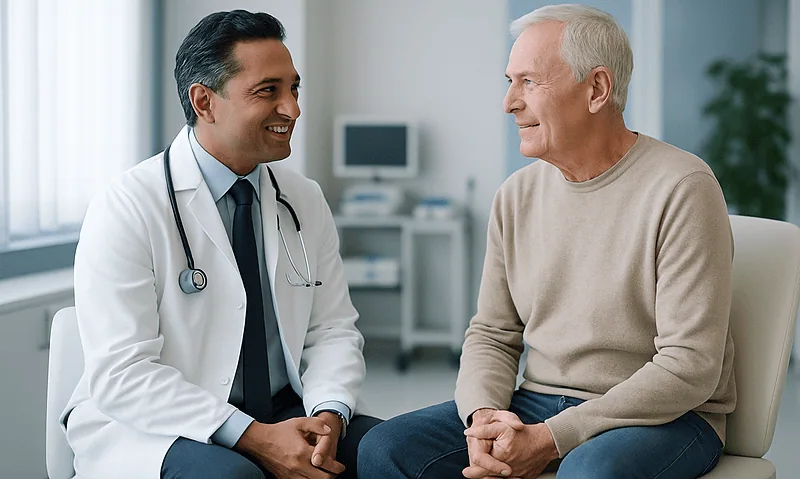 Urologist consulting with senior male patient in clinic setting.
