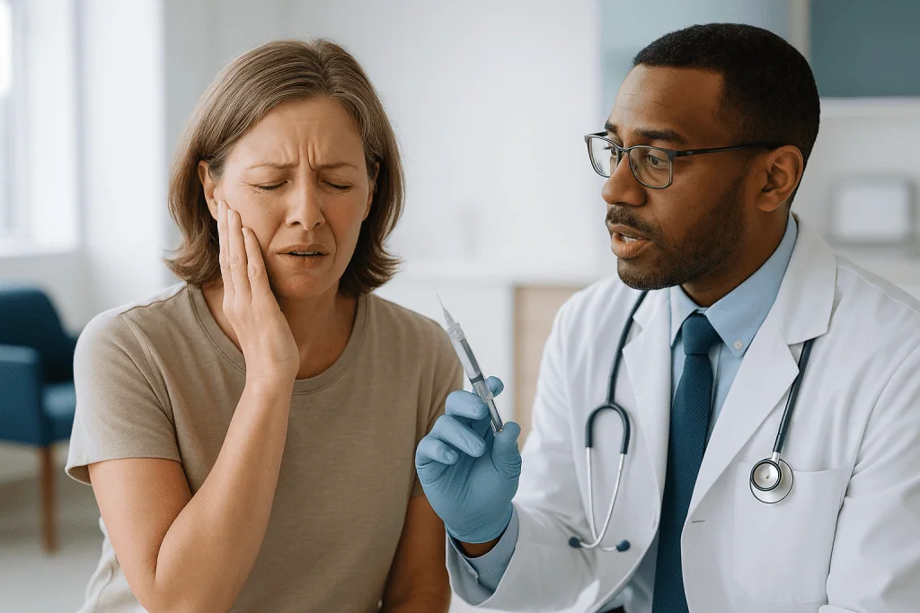 Doctor with syringe consulting patient about dental pain: Which teeth extraction is more painful? Numbing, pressure and seda