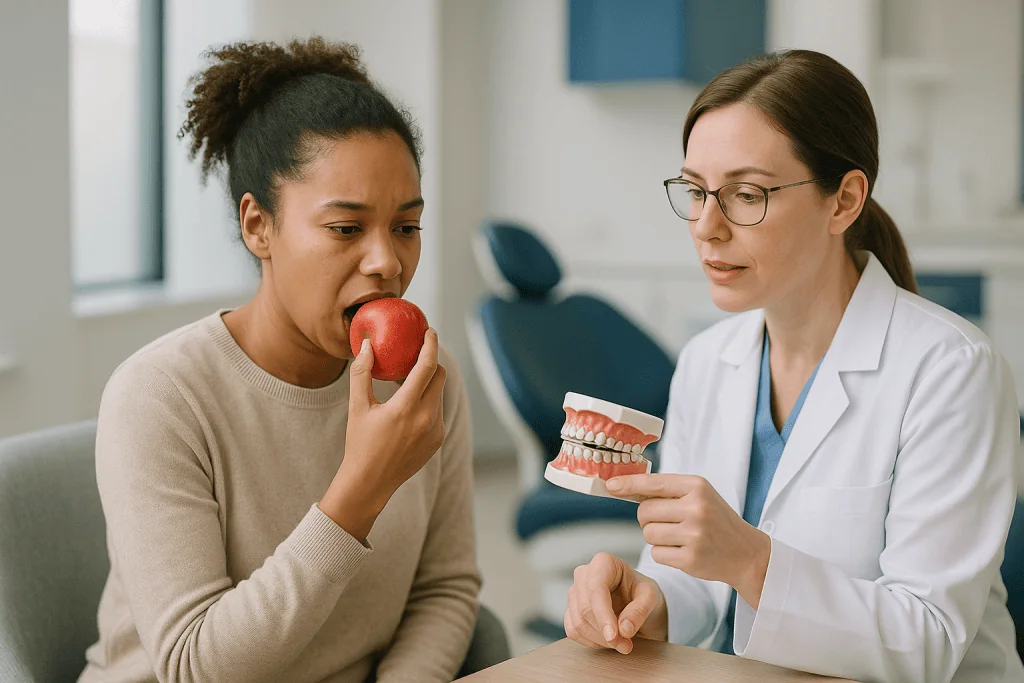 Dentist showing teeth model to patient eating apple: Which teeth shift most, and how quickly does it happen?