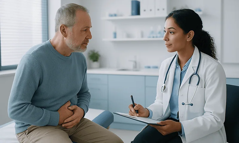 Doctor consulting with an elderly male patient in a medical office.