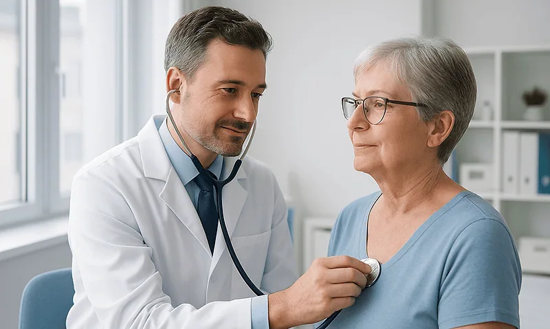 Doctor examining an elderly woman with stethoscope in a medical office.