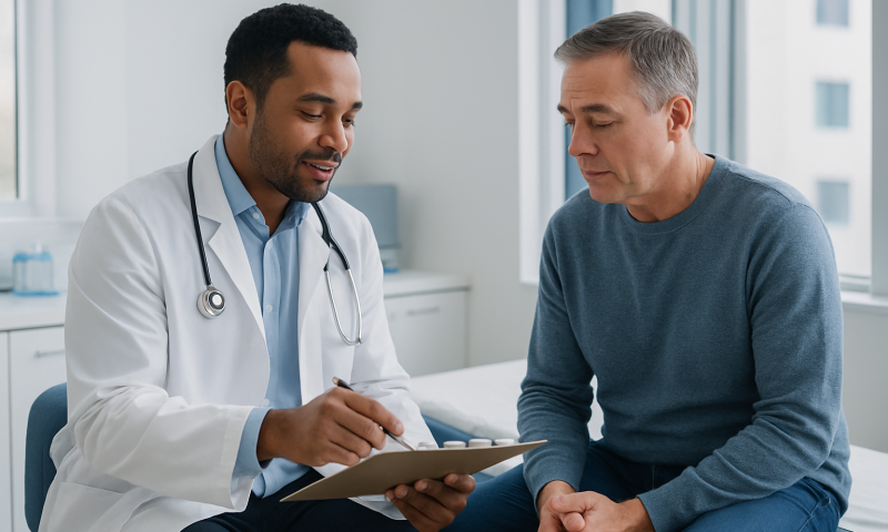 Doctor consulting with a patient in a medical office setting.