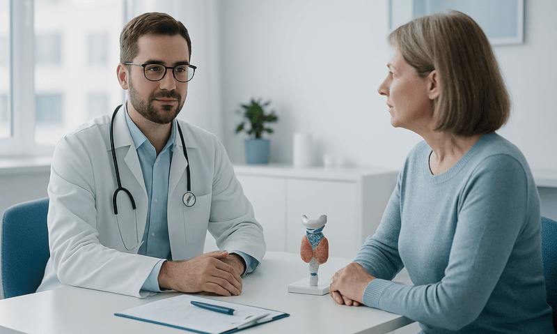 Doctor consulting with a female patient in a medical office.