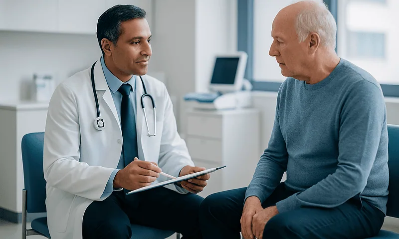 Doctor consulting with an elderly male patient in a medical office.