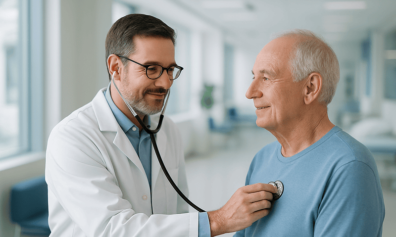 Doctor examining senior patient with stethoscope in hospital corridor.