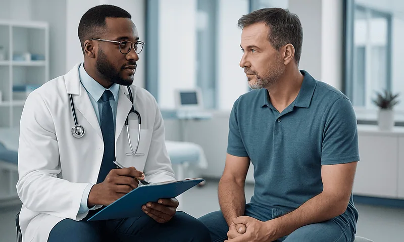Urologist consulting with patient in a modern clinic setting.