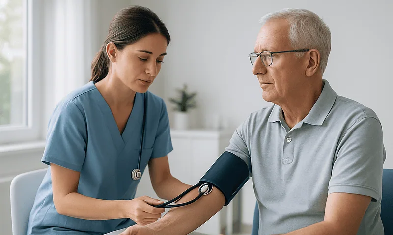 Nurse measuring an elderly man's blood pressure in a clinical setting.