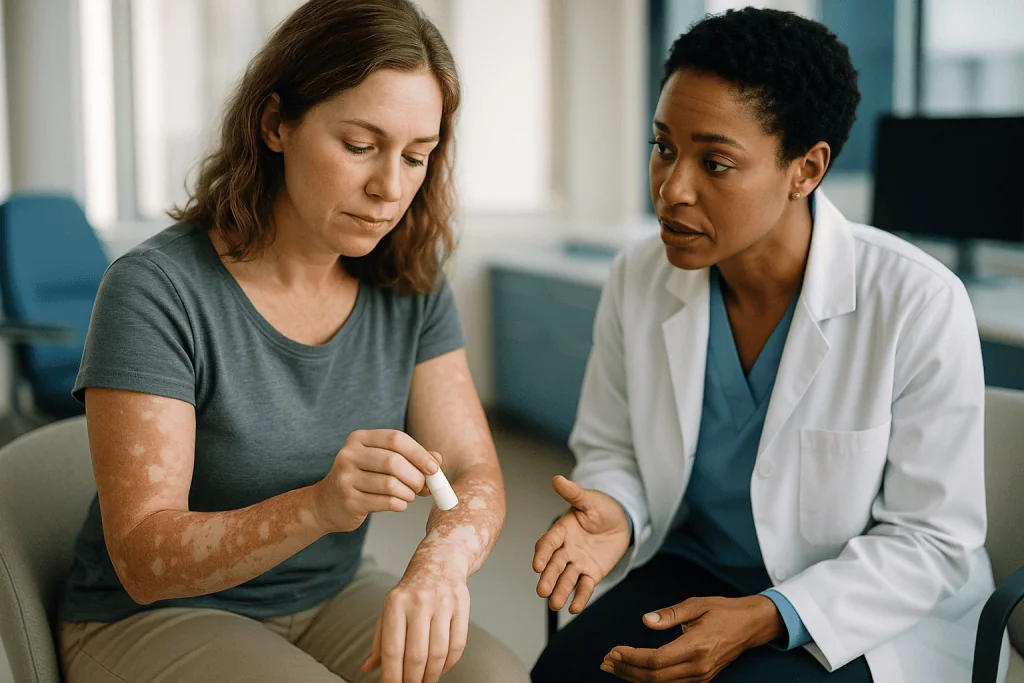 Doctor examining patient's skin condition on arm: Which treatments prompt repigmentation, and how each one works