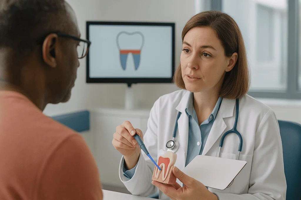 Dentist consulting patient about tooth structure model: Which type of laser treats which tissue?