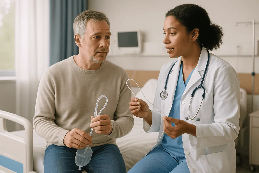 Doctor consulting with male patient in hospital room: Which ureteral tumor operations lead to a stent or a catheter?