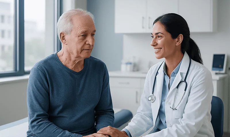 Doctor consulting with an elderly male patient in a medical office.