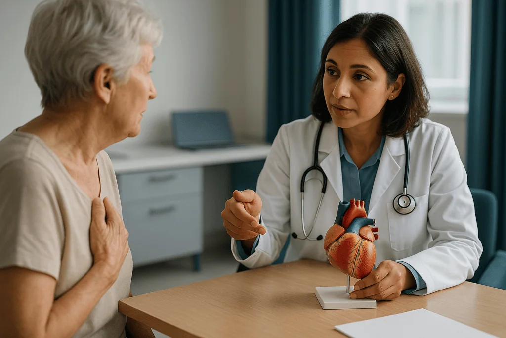 Cardiologist consulting elderly patient using heart model: Which valve problems can TAVI treat, and which still need surgery