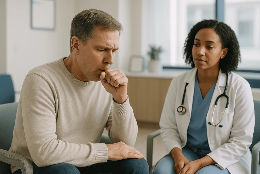 Doctor consulting with male patient in clinic — Which VNS side effects are expected in the first weeks?
