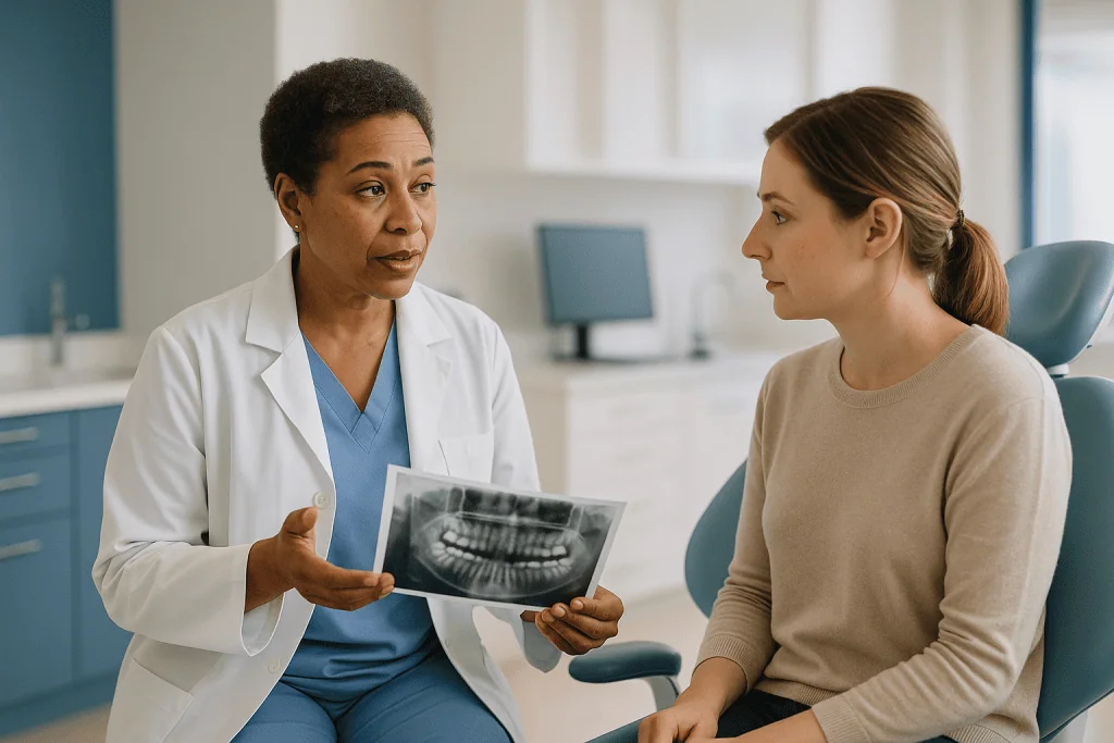 Dentist showing dental X-ray to female patient: Which X-rays and photographs are taken before aligners begin?