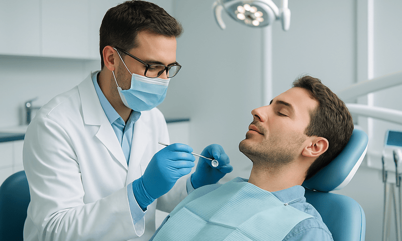 Dentist examining patient's teeth in a modern dental clinic.