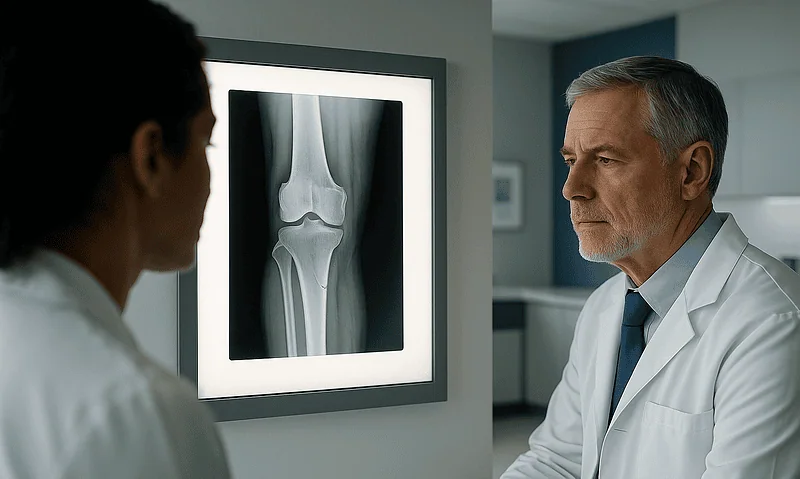 Doctor reviewing knee X-ray in a medical consultation room.
