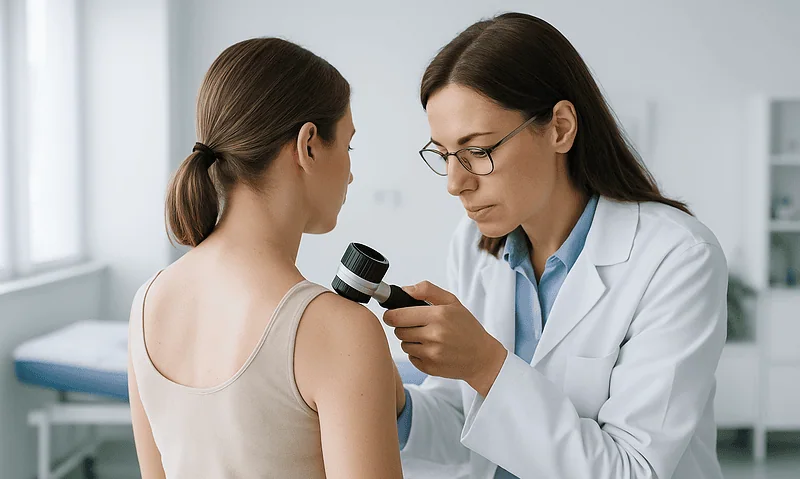 Dermatologist examining a patient's skin with a dermatoscope in a clinical setting.