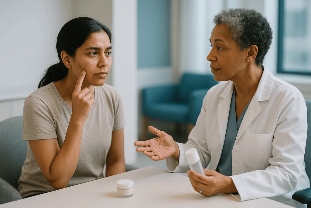 Doctor consulting with patient in medical office: Who a chemical peel is usually for, and who is asked to wait