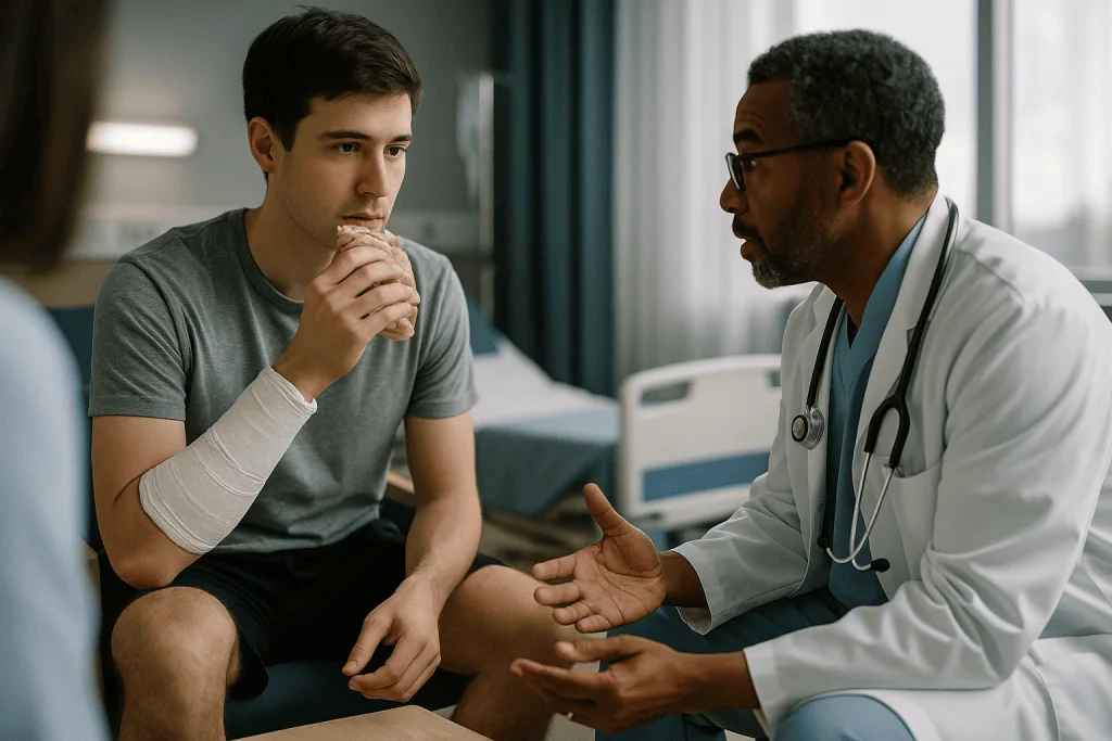 Doctor examining patient's bandaged arm in clinic: Who a closed reduction procedure is usually for, and who is usually asked