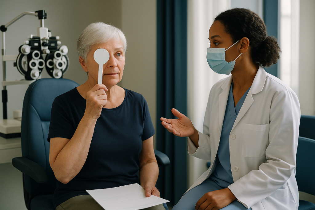 Optometrist consulting senior patient during eye examination: Who a comprehensive eye exam overseas is usually for, and who 