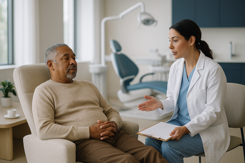 Doctor consulting with patient in general medical setting: Who a dental spa is usually for, and who is usually asked to wait