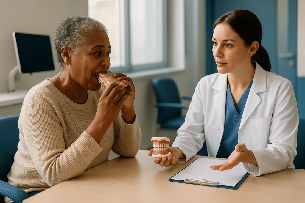 Dentist consulting patient about dental prosthetics model: Who a fixed prosthesis is usually for, and who is usually asked t