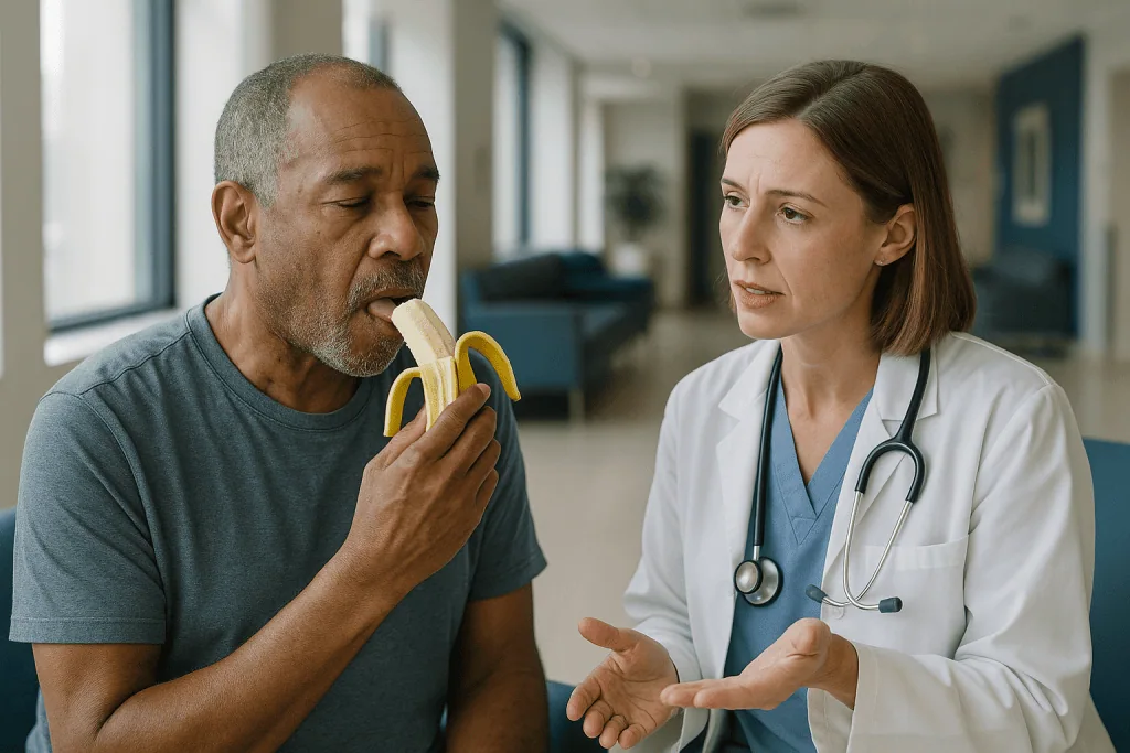 Doctor consulting patient eating banana in corridor: Who a gum graft is usually for, and who is asked to wait