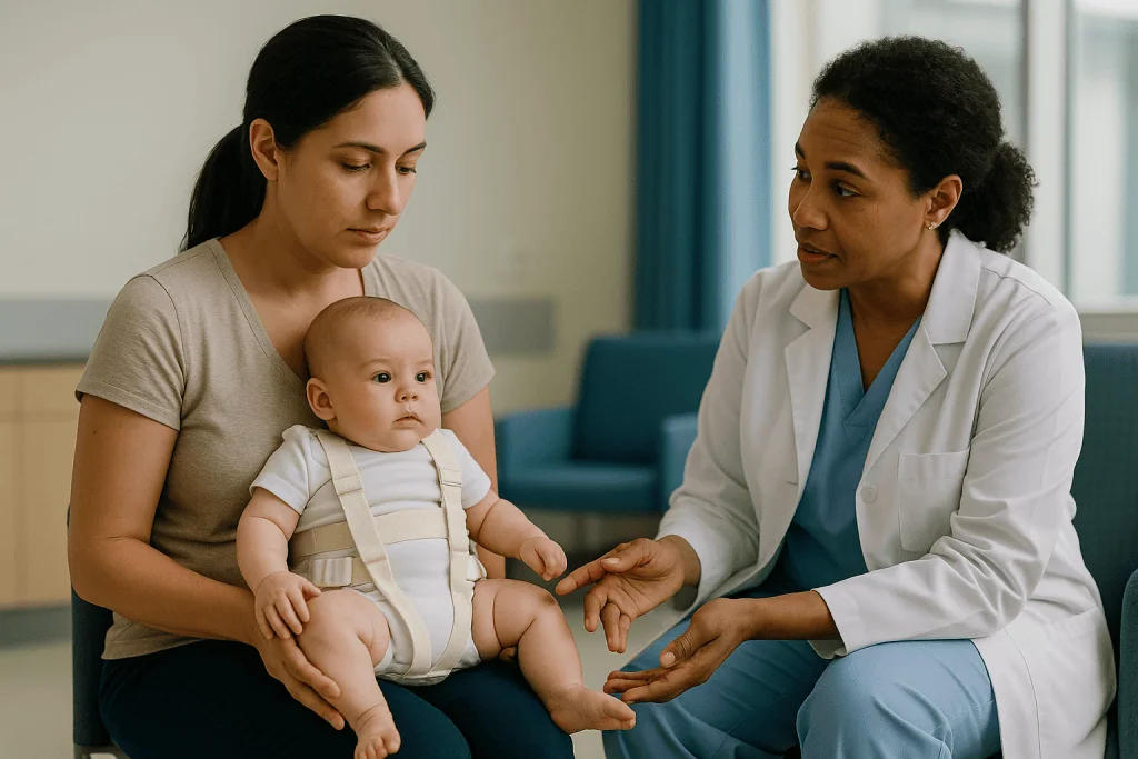 Doctor examining infant's hips during pediatric consultation: Who a Pavlik harness is usually for, who is asked to wait, and