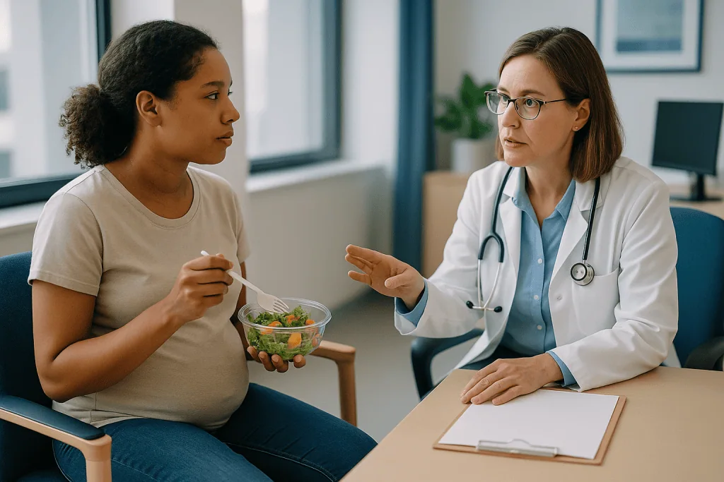 Pregnant woman consulting with female doctor about nutrition: Who a reproductive system consultation is usually for, and who