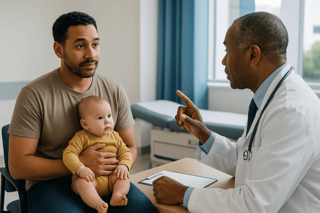 Father with infant meeting with male physician — Who a vasectomy is usually for, and who is usually asked to wait