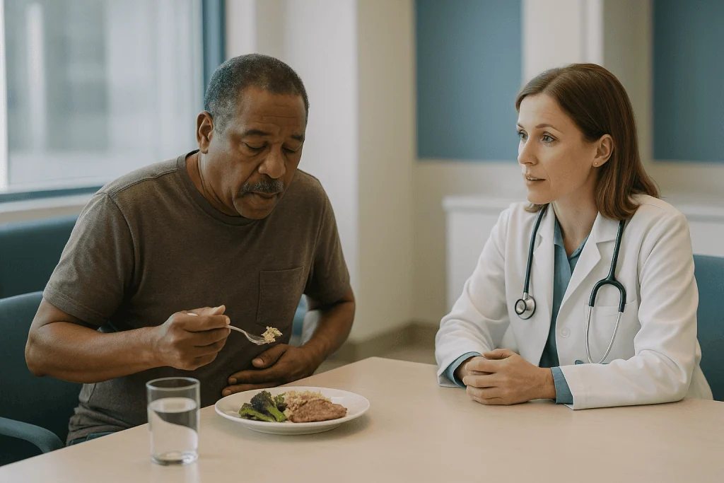 Doctor consulting patient about diet and digestion: Who actually needs digestive enzymes: exocrine pancreatic insufficiency