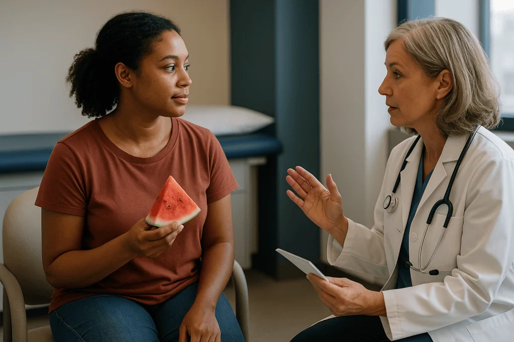 Doctor consulting patient holding watermelon slice: Who an IUD is usually for, and who is usually asked to wait