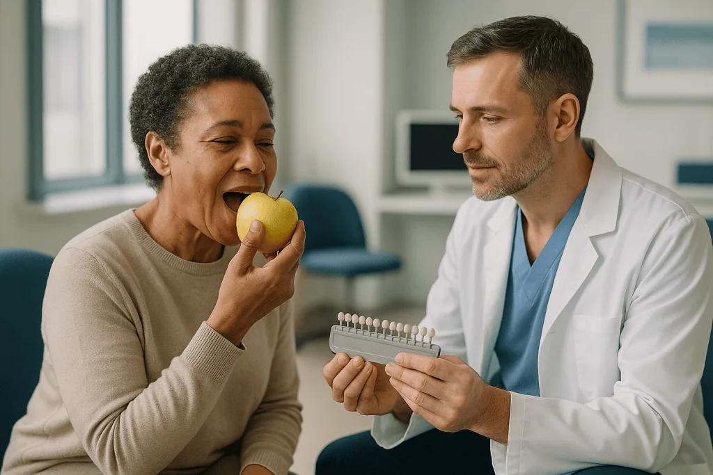 Doctor consulting patient with apple and dental model: Who are good candidates for dental veneers? The starting point dentis