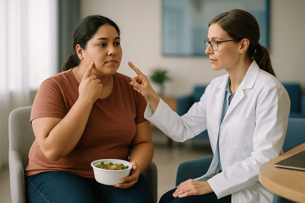 Doctor consulting patient about diet and nutrition — Who are the usual buccal fat removal candidates, and who is asked to wai