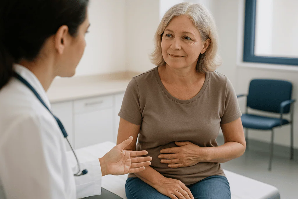 Doctor consulting with mature female patient in clinic: Who are the usual vNOTES surgery candidates?