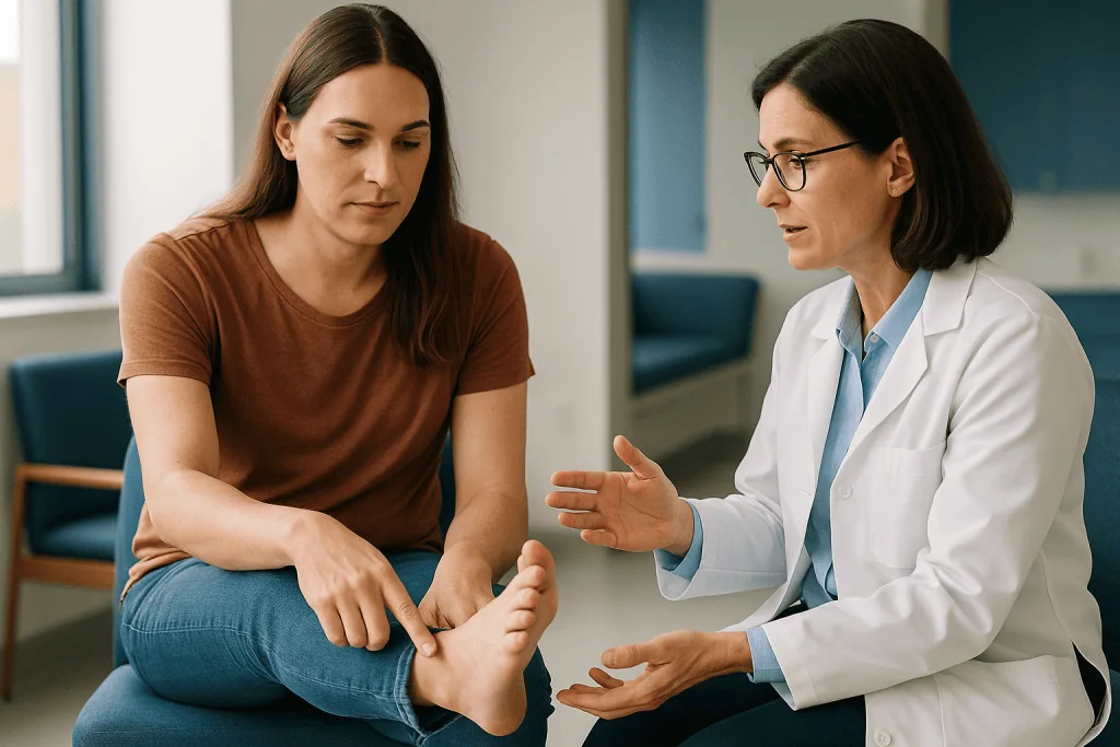Doctor consulting patient about foot condition indoors: Who are typical foot feminization surgery candidates?