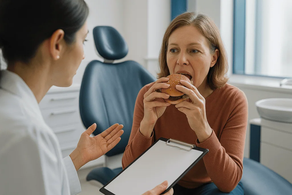 Woman eating hamburger while consulting with healthcare provider: Who are veneers usually for, and who is usually asked to w