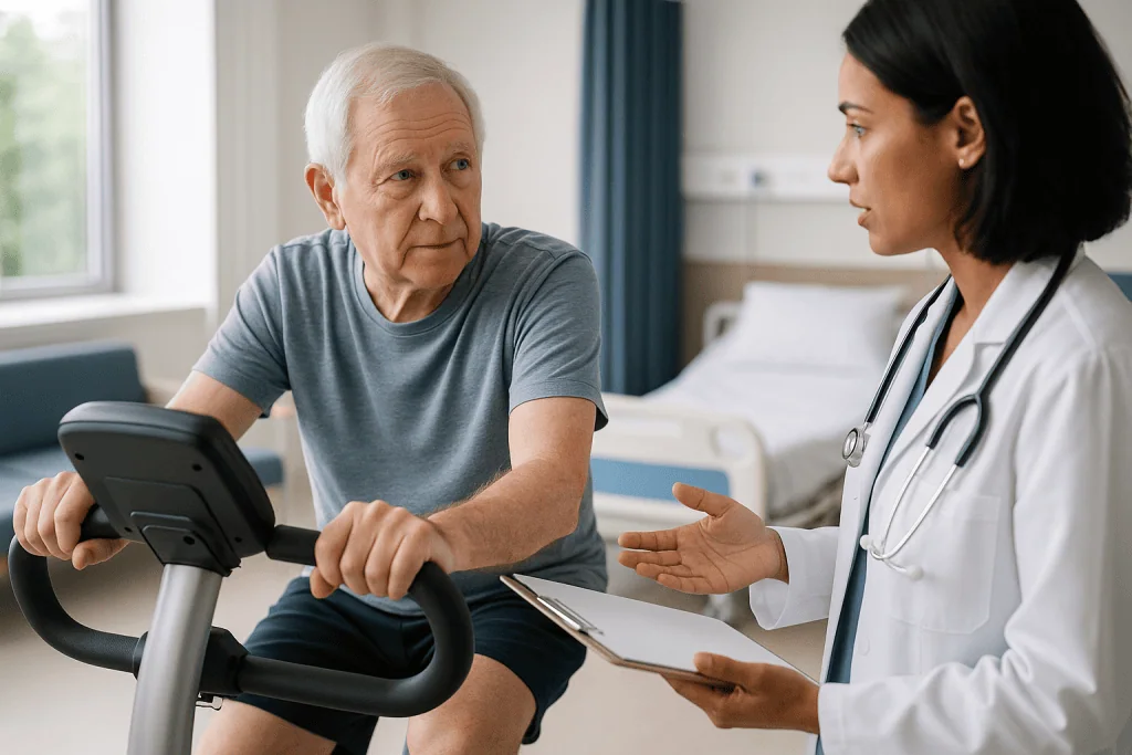 Senior man on stationary bike consulting with female doctor: Who balloon valvuloplasty is usually for, and who is usually as