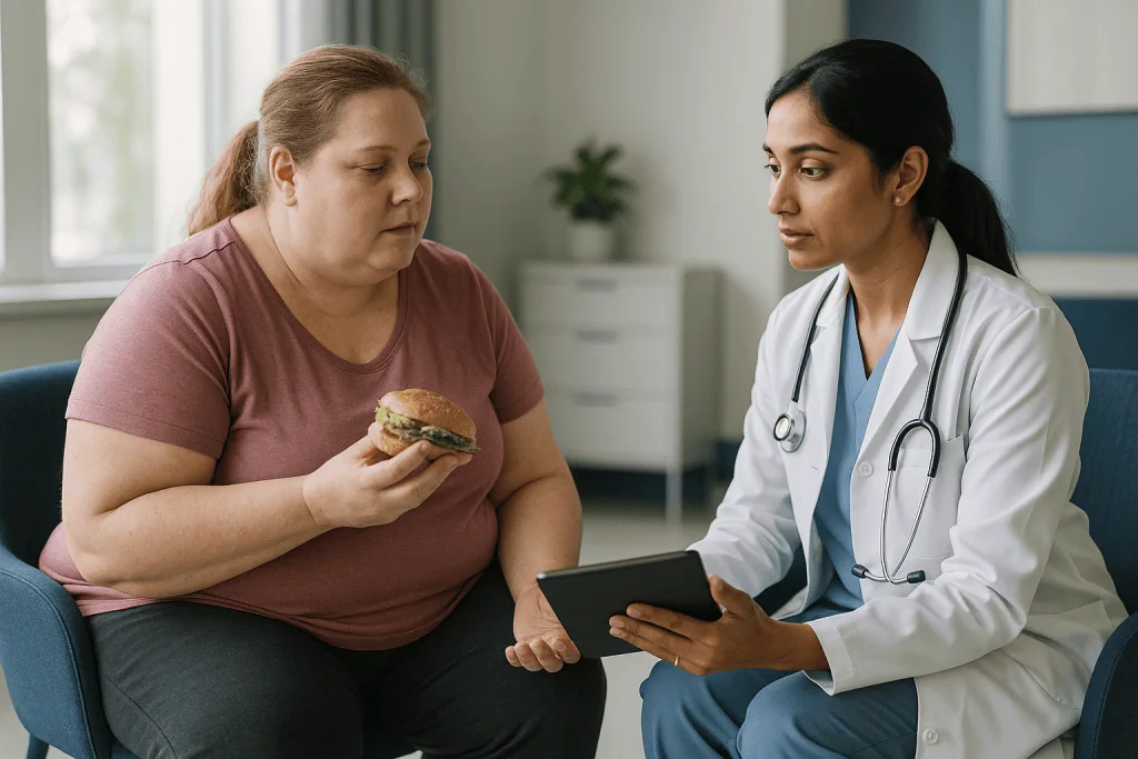 Doctor consulting overweight patient about diet and nutrition: Who bariatric surgery is usually for, and who is usually aske