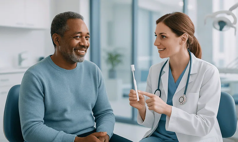 Dentist consulting with a patient in a modern dental clinic.