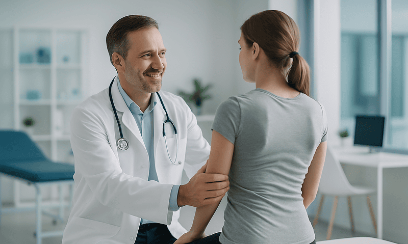 Doctor examining a young woman in a medical consultation room.