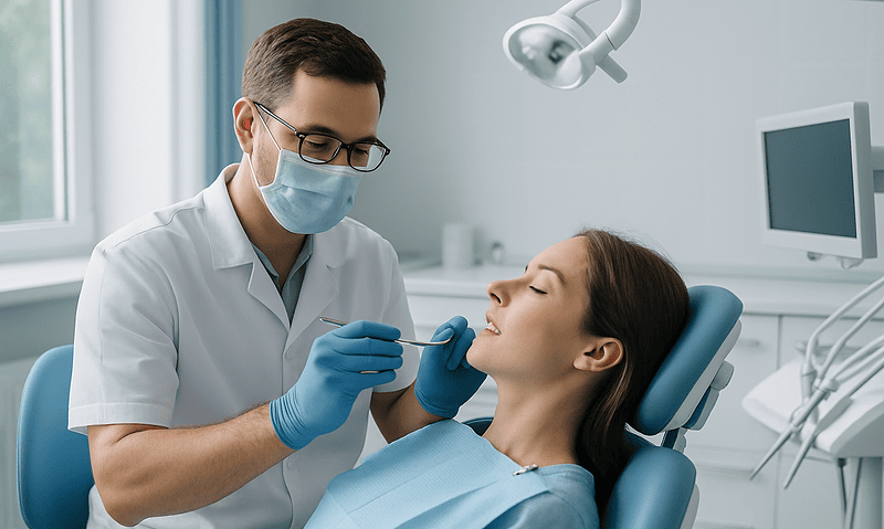 Dentist performing dental examination on a patient in a clinical setting.