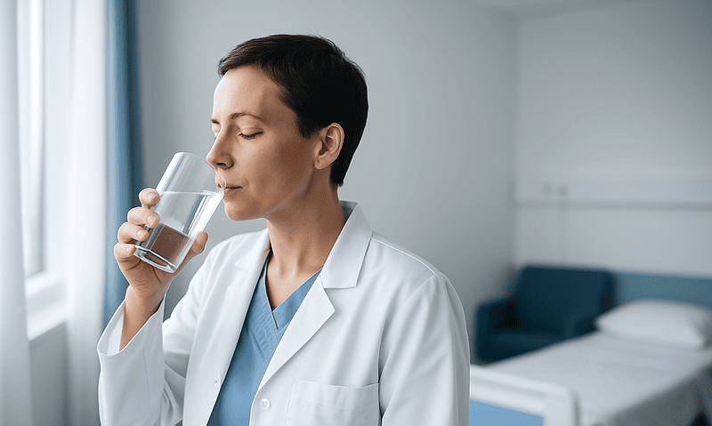 Medical professional drinking water in a hospital room.