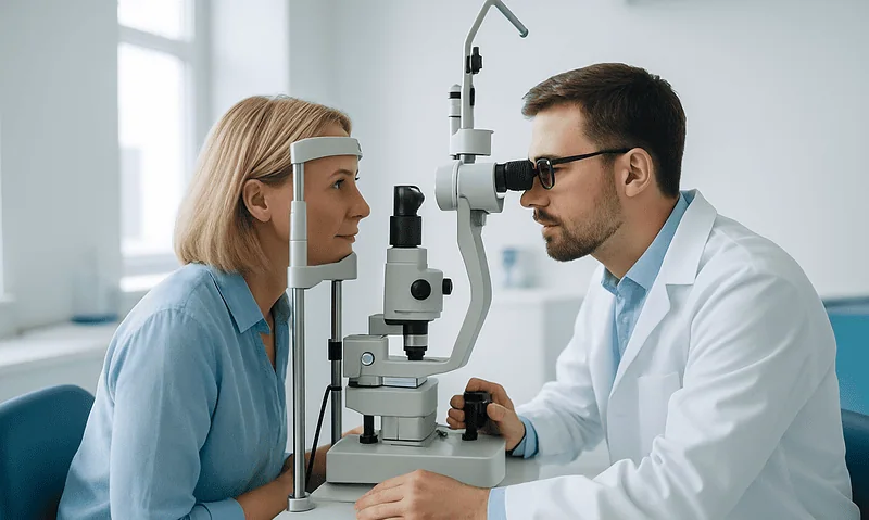 Optometrist examines patient's eyes with slit lamp in clinic.