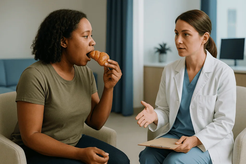 Doctor consultation with patient eating croissant: Who composite bonding is usually for, and who is usually asked to wait