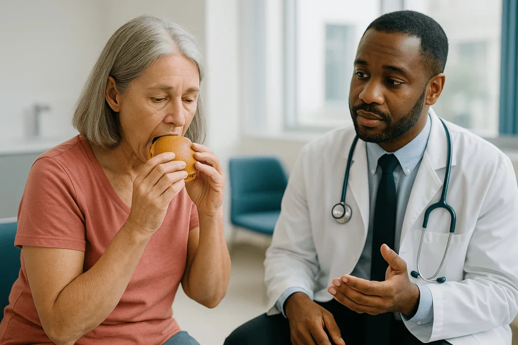 Doctor consulting patient with apple, nutritional health discussion: Who composite bonding is usually for, and who is usuall