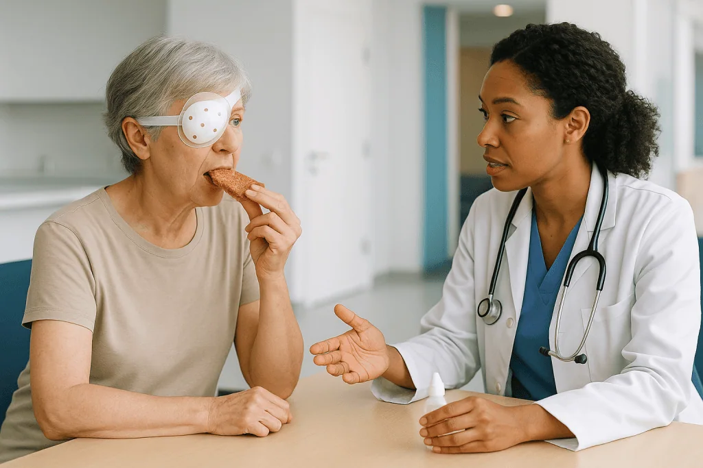 Elderly patient with eye patch consulting female doctor: Who corneal repair is usually for, and who is usually asked to wait