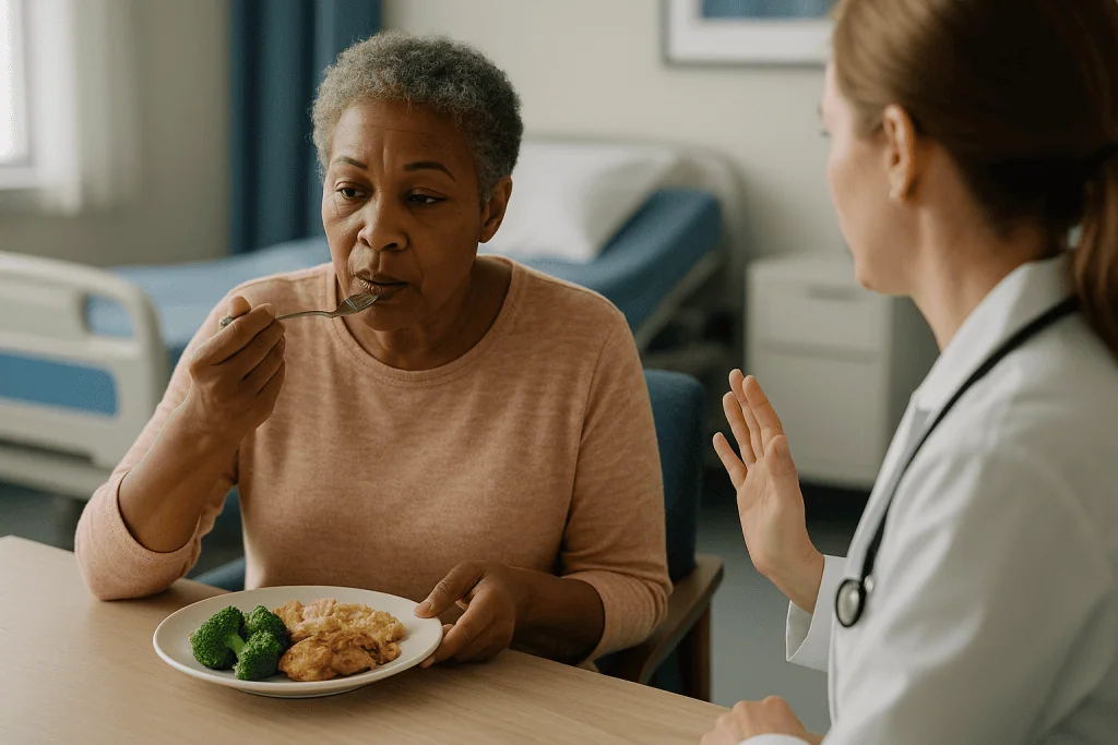 Patient eating meal while consulting with healthcare provider: Who cryoablation is usually for, and who is usually asked to 