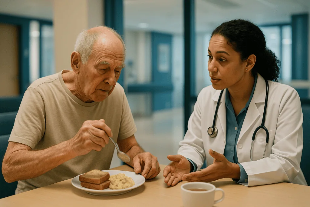 Elderly patient with neurologist discussing tremor during meal: Who develops essential tremor, and who is usually asked to w