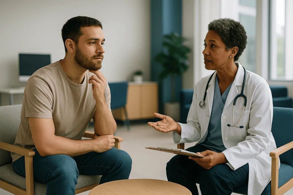 Doctor and patient in consultation, general medical setting: Who each approach usually suits, and who is asked to wait